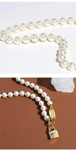 Gold Saturn Necklace for Women - Enamel Padlock Pendant with Pearl Chain, Punk Style thumbnail 6