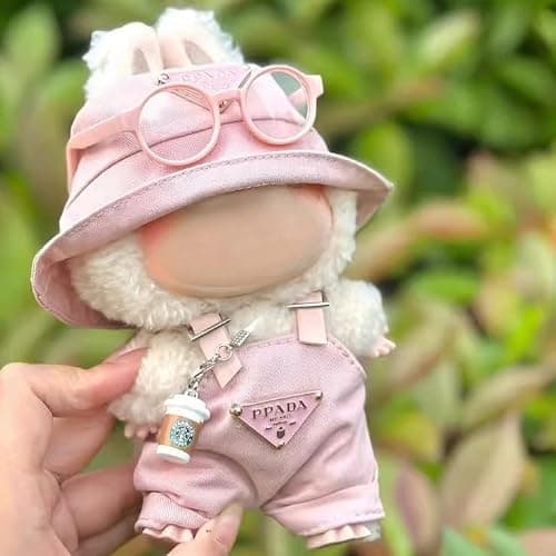 Pink Style Outfit Set for Labubu 17cm Dolls (Gen 1–3) – Sweet Clothing Kit with Beige & Cocoa Tones for POP MART Figurines (No Doll Included) (Jumpsuit+hat+Glasses+Cup) - Image 1