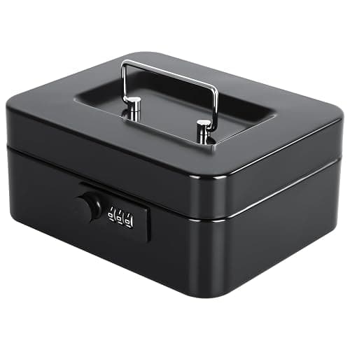 KYODOLED Small Cash Box with Combination Lock & Removable Money Tray, Black | Cold-Rolled Steel, 3-Digit Lock, Removable Coin Tray, Carry Handle, Cash & Medication Storage, 7.87 x 6.30 x 3.35 In - Image 1