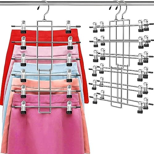 Pants Hangers with Clips,Space Saving Hanging Closet Organizer-6 Tiers Skirt Hangers with 360° Swivel Hook,Closet Organizer-Clothes Hangers- College Dorm Essentials Apartment Essentials-2 Pack - Image 1