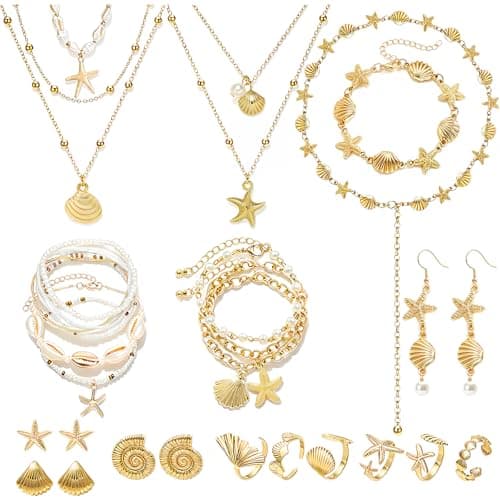 NEWITIN 29 Pieces Boho Beach Jewelry Set for Women Gold Jewelry Set Include Summer Ocean Seashell Starfish Necklaces Bracelets Rings Belt Chain Earrings for Women - Image 1