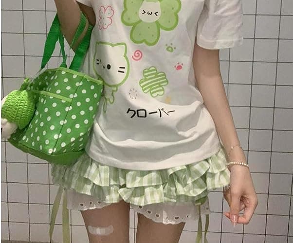 Womens Y2K Off Shoulder Kawaii T-Shirt Suit Hrajuku Plaid Ruffled Lace Pumpkin Short Pants Cute Cat Graphic Tops thumbnail 4