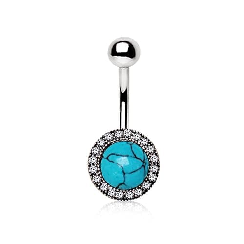 Pierced Owl 14GA 316L Stainless Steel Antique Jeweled Turquoise Belly Button Ring - Image 1