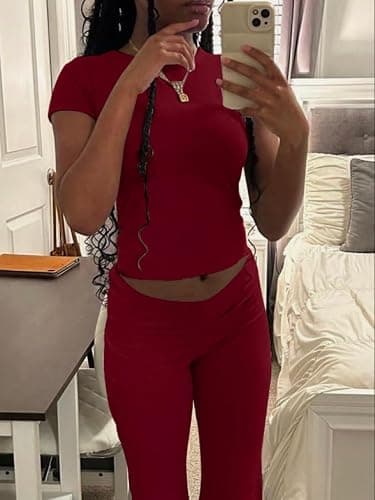 AYWA Women's 2 Piece Lounge Sets Short Sleeve Crop Top Foldover Flare Pants Casual Pajama Outfits thumbnail 2