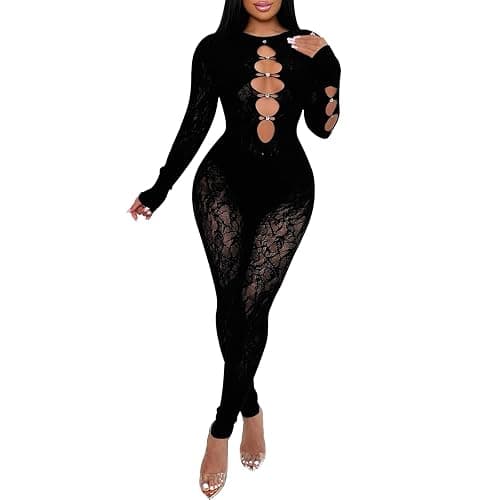 WEICHUJIAN Women’s Sexy Lace Mesh Jumpsuit Rhinestone Hollow Long Sleeve One Piece Bodysuit Club Party Outfits - Image 1