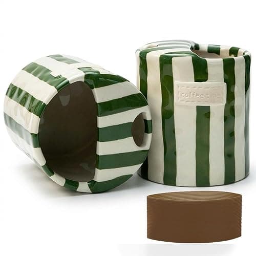 KOIMYSA Ceramic Travel Coffee Mug with Straw Hole 12oz, Espresso Cups | Hand Painted Pottery Coffee Mug, Retro Striped To Go Coffee Mug for Hot & Cold Drinks, Microwave & Dishwasher Safe, Green - Image 1
