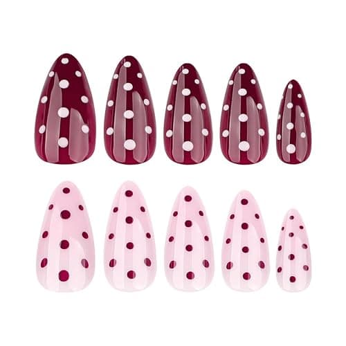 Polka Dot Press on Nails Medium Almond Fake Nails Burgundy Pink Nails Press ons with Design Full Cover Stick on Nails for Women Manicure,Reusable | Artificial | Nail Sticky Tabs | Easy Apply | 24Pcs thumbnail 5