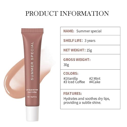 Summer Lip Glossy Butter Balm, Instant Moisture Sheer Tint, Non-Sticky, Conditioning Formula to Soothe & Repair Dry, Chapped Lips, Jelly Lip Stain with Natural Scent (#3Iced Coffee, 1Pc) thumbnail 5