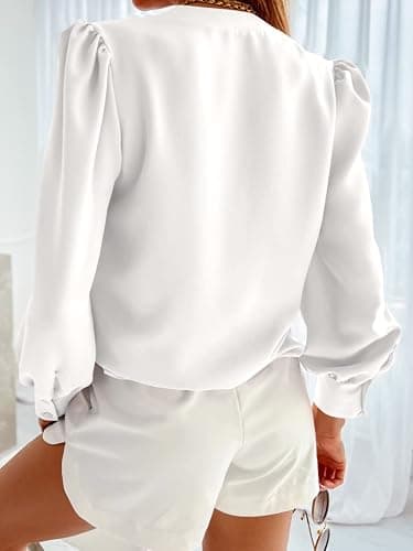 Women's Business Casual Tops Summer Long Sleeve Button Down Shirts V Neck Chiffon Blouses thumbnail 2