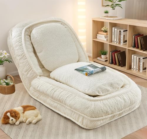 Upholstered Human Dog Bed for Adult & Pets, Convertible Lazy Sofa Bed with 5 Adjustable Position, Comfy Tatami Bean Bag Lounge Chair with 2 Soft Pillows for Bedroom Living Room Office (Ivory) - Image 1