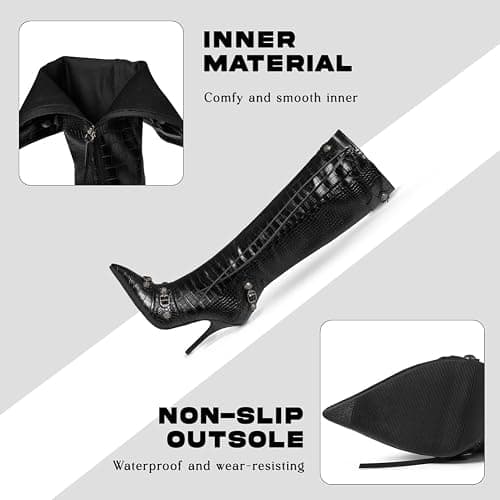 Oiamenne Knee High Boots for Women Fashion Slide Zipper Pointed Toe Stiletto Studded High Heel Rivets Tassel Boots Party Dress Shoes thumbnail 5