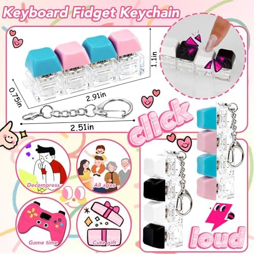 2 Pcs 4 in 1 Keyboard Fidget Toy Keychain, Clicky Button Toy Stress Relief Keychain with Swappable Keycaps, Mini Mechanical Key Fidget for Office Desk Focus Gifts (Blue Pink Black White) thumbnail 3