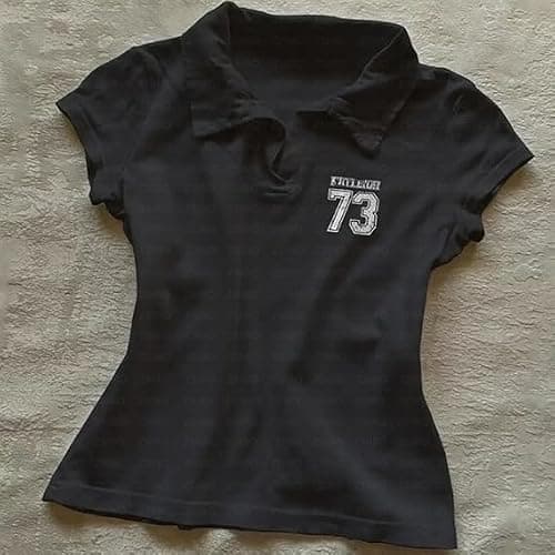 Womens Short Sleeve Polo Shirts 2000s Y2k Cute Crop Tops Teen Girls Vintage Striped Collared T Shirt Streetwear thumbnail 4