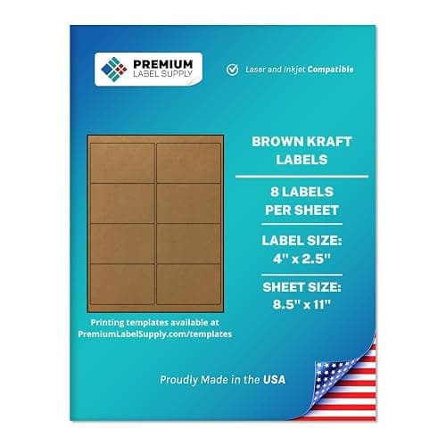 Premium Label Supply Brown Kraft Sticker Labels – 4” x 2.5" – Laser/Inkjet Compatible – (8 Labels/Sheet), 25 Sheets – 200 Total Adhesive Labels - 200 Labels - Image 1