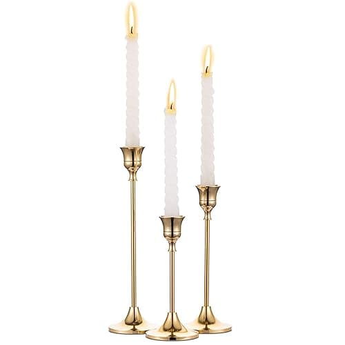 Candlestick Holders Taper Candle Holders, Set of 3 Candle Stick Holders Set, Brass Gold Candlestick Holder Set, Vintage Modern Decorative Centerpiece for Table Mantel Wedding Housewarming Gift - Gold - 1 set (3 pcs)
