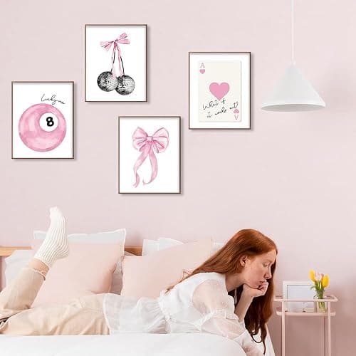 BONETAT 4Pcs Trendy Preppy Posters Pink Bow Wall Art Room Decor Prints 8X10 inches Unframed, Blush Pink Coquette Room Aesthetic Disco 8 Ball wall decor for teen girls Dorm College Apartment Bedroom -Aa02 thumbnail 5