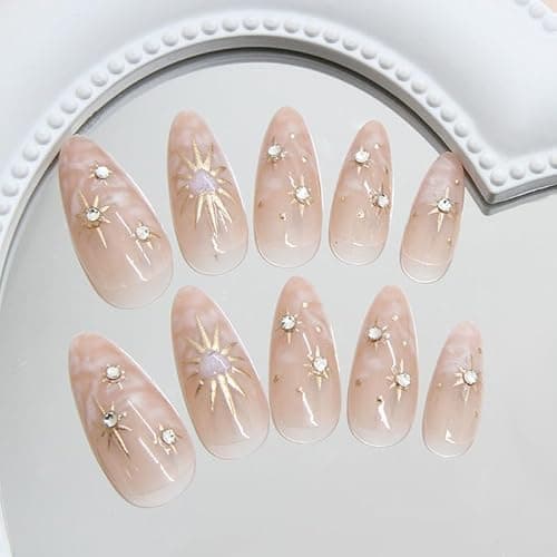 XZMeiLun 3D Sun Stars Gold Press On Nails Almond Short Medium, Gold Charms Designer Reusable Acrylic Nails Press Ons, Fake Nails With Cute Charms Glue On Nail, Daily Wear False Nail For Women thumbnail 3