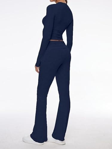 AnotherChill Women's 2 Piece Lounge Sets Fold-over Flare Pants Set Long Sleeve Cropped Top Casual Outfits Pajamas thumbnail 4