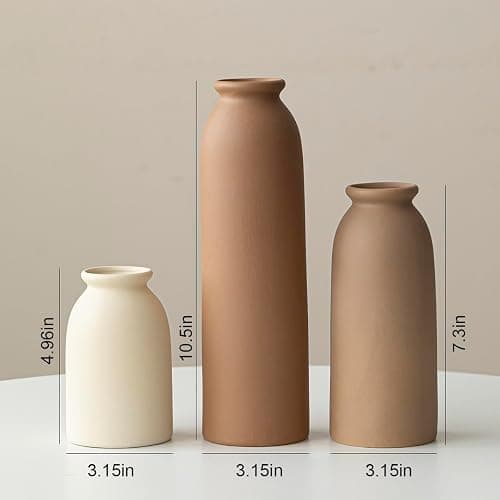 10.4 inches Tall Decorative Ceramic Vase Set, 3 Pieces, Nordic Modern Boho Style, White, Modern Farmhouse for Home Decor (Coffee Mix) thumbnail 2