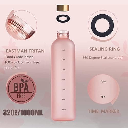Flcivsh 1L Water Bottle with Time Marker 32 OZ Motivational Reusable Fitness Sports Leakproof Frosted Plastic Bottle White thumbnail 6