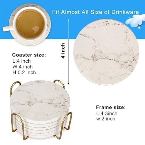 6 Pcs White Marble Coaster Set with Holder Best Absorbent Coasters Drink Coasters Ceramic Bar Coasters Cute Table Coasters Gift Cup Stone Coasters Modern Coasters thumbnail 3