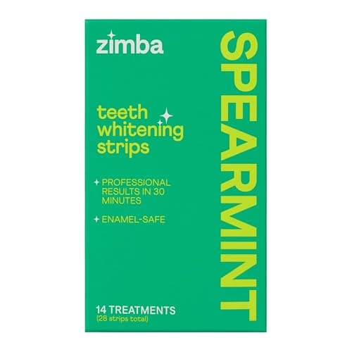 Zimba Spearmint Flavored Teeth Whitening Strips | Vegan, Enamel Safe Hydrogen Peroxide Teeth Whitener for Coffee, Wine, Tobacco, and Other Stains | 14 Day Treatment | Spearmint - Image 1