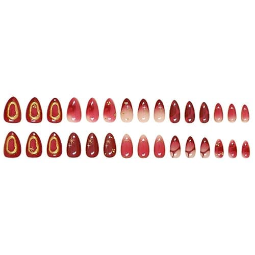 30Pcs Ombre Red Press on Nails Medium Almond Fake Nails 3D Star Rhinestones Glitter Handmade Design Y2K Gold Star Bead Full Cover Stick on Nails Chrome False Nails for Women Acrylic Nail Decorations thumbnail 5