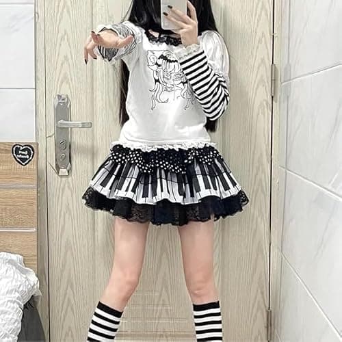 Mini Piano Skirt for Women Y2k Cute Trendy Harajuku Polka Dot Lace Lotus Skirts Vintage Black White Spliced Short Skirt thumbnail 2