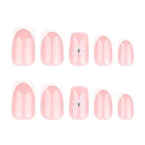 Foccna French Press on Nails White Square Acrylic Fake Nails Full Cover False Nails Pink Glossy Artificial Stick on Nails for Women Reusable Fake Nails Kit 24Pcs thumbnail 4