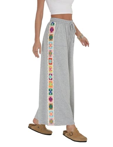 Fenclushy Womens Wide Leg Pants Stretch Casual Drawstring Waist Loose Lounge Sweatpants Crochet Panel Pant with Pocket - Image 1