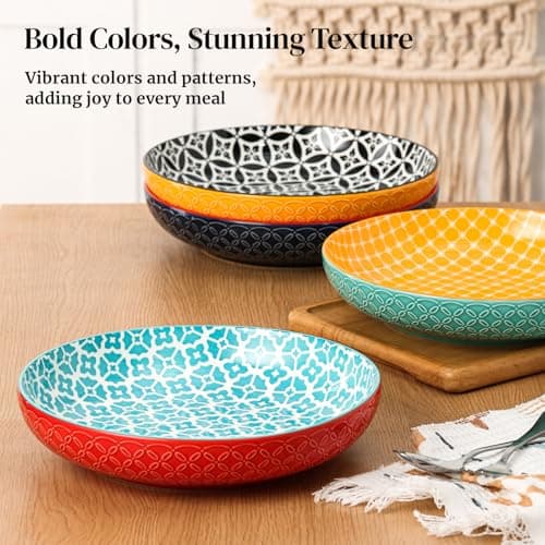 DOWAN 10" Vibrant Pasta, Salad & Soup Serving Bowls Set of 4, Embossed Large Porcelain Ceramic, Microwave & Dishwasher Safe, Bonita Design Dinnerware Dishes for Daily Dining, Family Gatherings, Party thumbnail 7