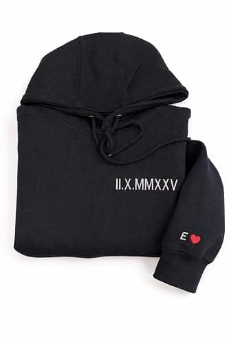 Custom Embroidered Roman Numeral Hoodie, Personalized Hoodie For Boyfriend Girlfriend With Initial Heart, Gifts for Boyfriend Girlfriend Couples, Matching Hoodies For Couples. thumbnail 4