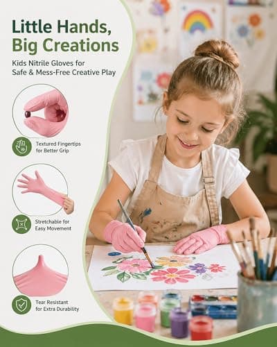 TREEGO Kids Disposable Gloves for Ages 4–8, Pink Kids Nitrile Gloves Food Safe Latex & Powder Free for Crafts, Baking, Tie Dye & Art Projects, XS 50 Count thumbnail 6