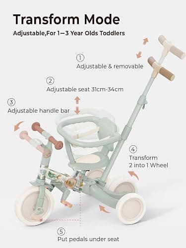 newyoo Lume TR008 Tricycle for Toddlers 1-3, 5-in-1 Push Bike with Parent Handle & Safety Guard, Convertible Balance Bike, Ideal Gift for 1-3 Year Olds, Moss thumbnail 3