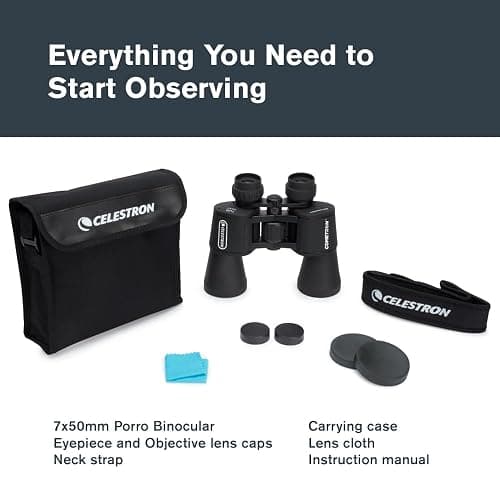 Celestron Cometron 7x50mm Astronomy Binoculars | Wide-Field Astronomy Binocular, Porro Prism, Multi-Coated Optics, Comfortable Handheld, Tripod Adaptable, Carrying Case thumbnail 7