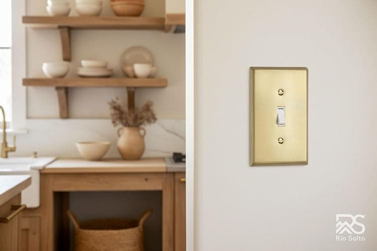 Rio Salto Toggle Light Switch Cover Plate MIDSIZE BRASS Outlet Covers Single Toggle Switch Plate Flip Switch 1 Gang Brushed Brass Gold Metal Decorative Wall Plates — Signature Collection 4.94" X 3.13" thumbnail 6