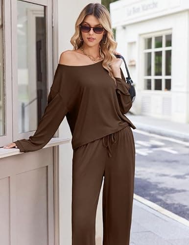 Ekouaer Womens Pajama Sets Off Shoulder Lounge Set 2 Piece Long Sleeve PJs | Soft Comfy Pj Sets, Round-Neck or Off-the-Shoulder Design, 2026 Stylish Casual Outfits for Home, Travel, Vacation & Airport thumbnail 6