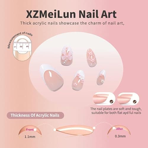 XZMeiLun Pink White French Bow Press on Nails, White Pearl Fake Nails, Almond Short Acrylic Press-Ons with Charming 3D Plaid Floral Design, Reusable Glue-On Stickers for Fall Flower Nails for Women thumbnail 3