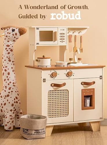 ROBUD Kids Kitchen Playset, Mocha Montessori Wooden Play Kitchen with Ice Dispenser, Pretend Toddlers Kitchen Toy with Accessories, Baby Gift for Ages 3 4 5 6 7 8 thumbnail 7