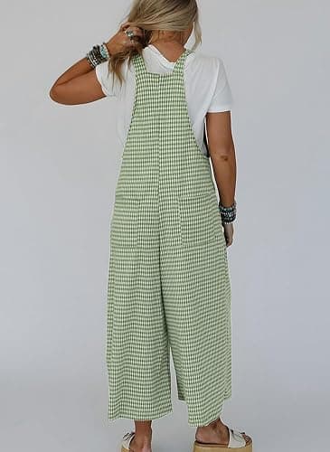 chouyatou Women's Sleeveless Plaid Wide Leg Bib Overall Casual Loose Gingham Jumpsuits with Pockets thumbnail 2