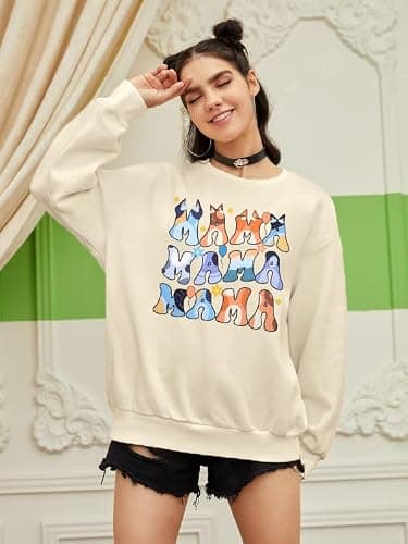 MOUSYA Oversized Mama Sweatshirt Woman Mama Letter Print Pullover Tops Trendy shirt Casual Crewneck Loose Sweatshirts thumbnail 2