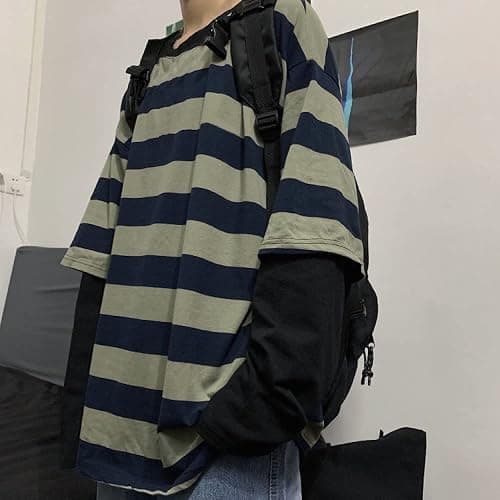 LAVASEON Harajuku Oversized Striped T-Shirt Long Sleeve Crew Neck Casual Matching Couple Streetwear Pullover - Small - Green thumbnail 4