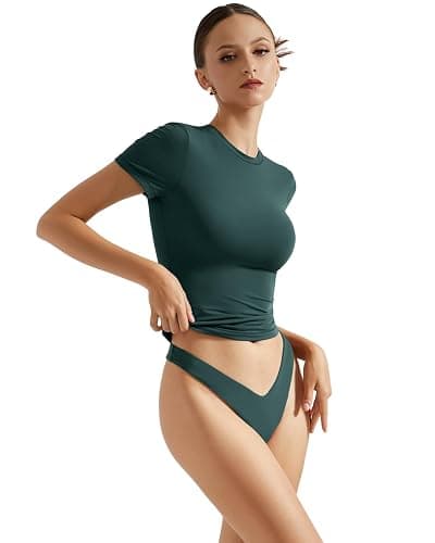 SUUKSESS Women Double Lined Fitted Basic Tee Crew Neck Short Sleeve Y2K Crop Top thumbnail 4