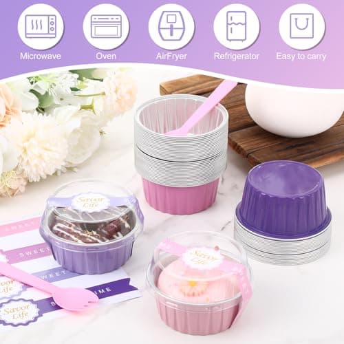 Acellegic 424 Pack Pink and Purple Mini Cake Pans Set with Lids and Spoons Include 5oz Disposable Aluminum Foil Baking Pans, Lids, Spoons, Sealing Stickers and Gift Bags for Cupcake, Pudding, Muffin thumbnail 4