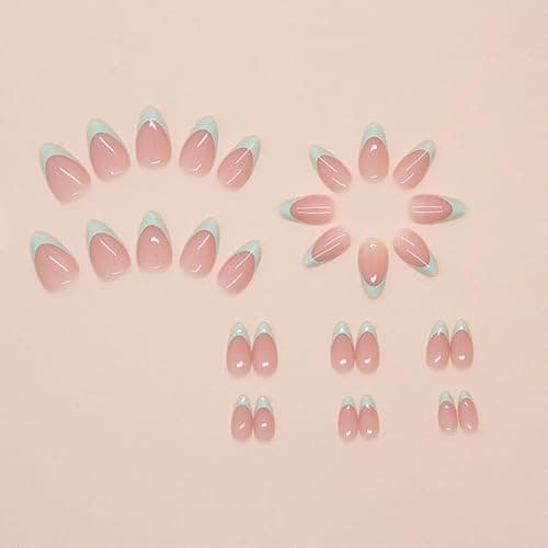 30Pcs Mint Green Press on Nails French Tip Fake Nails Short Almond Shape Acrylic False Nails Natural Artificial Glue on Nails Press on Nude Pink Stick on Nails DIY Art for Women Girls thumbnail 3