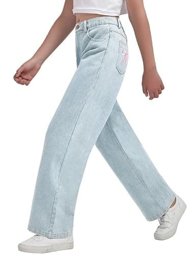 EXARUS Girls Wide Leg/Flare Jeans Bow Embroidery/Leopard Print Denim Pants with Pockets Casual for Kids 6-14Y thumbnail 4