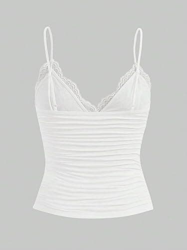 Naileksi Women Y2k Lace Trim Cami Top Spaghetti Strap Fairy Grunge Tank Top V Neck Ruched Bow Lace Patchwork Cami Shirt thumbnail 3