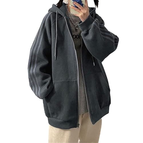 Women Oversized Zip Up Korean Hoodie Y2k Jackets Striped Long Sleeve Hooded Sweatshirt Solid Zipper Cute Top For Teen Girls - Image 1