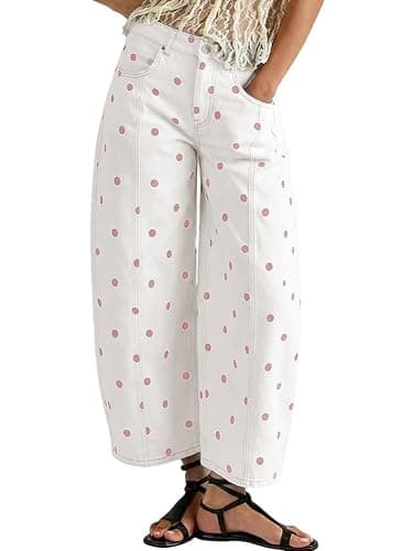 chouyatou Women Polka Dot Wide Leg Barrel Jeans Mid Rise Denim Ankle Pants | Boho casual style, Barrel leg, Floral pattern, Cropped length, Patchwork, Boyfriend, Y2K - Image 1