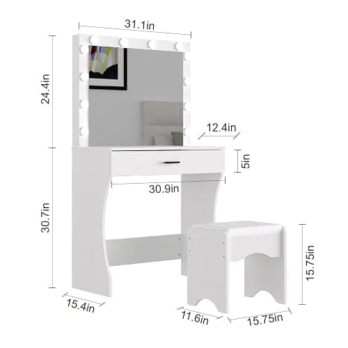 Panana Vanity Desk with Mirror and Lights, Vanity Set Makeup Vanity Table with Adjustable Lights One Drawer Storage Makeup Table with Stool Vanity Desk for Bedroom (White) thumbnail 3